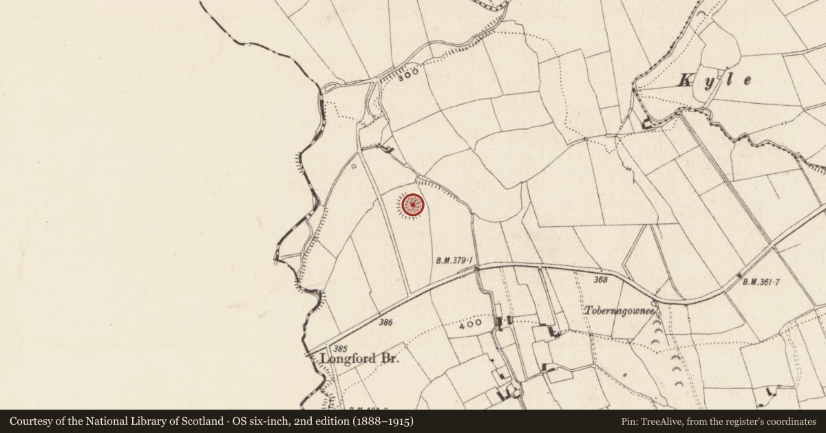 Ordnance Survey six-inch map, 2nd edition (1888–1915) covering the location of Barrow - ring-barrow, Longford (Clonbeg Par.), County Tipperary South, with a pin at the register's coordinates