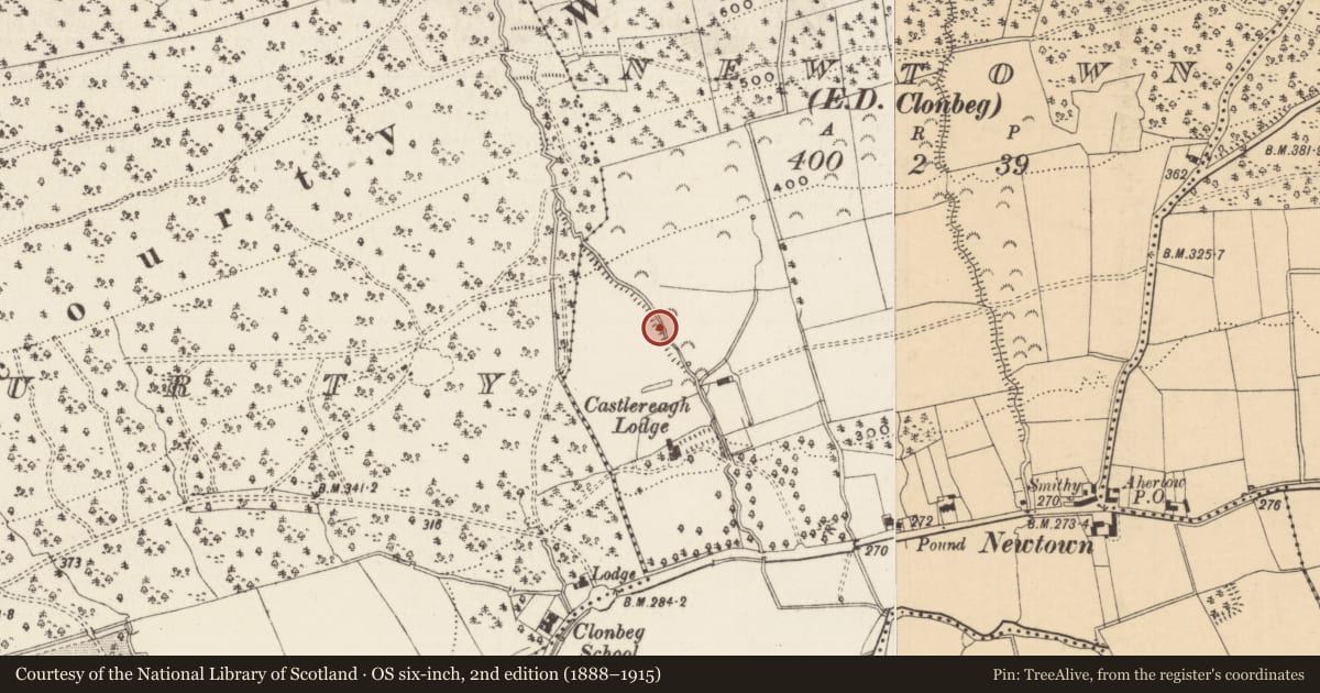 Ordnance Survey six-inch map, 2nd edition (1888–1915) covering the location of Enclosure, Newtown (Clonbeg Par.), County Tipperary South, with a pin at the register's coordinates