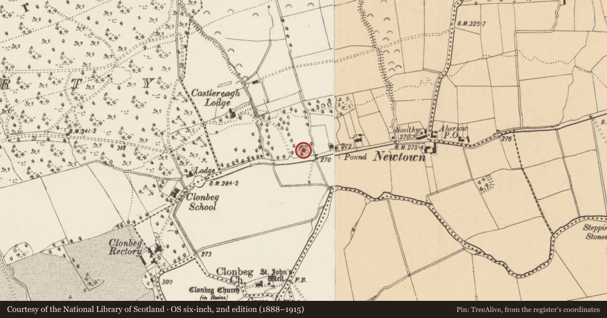 Ordnance Survey six-inch map, 2nd edition (1888–1915) covering the location of Ringfort - rath, Newtown (Clonbeg Par.), County Tipperary South, with a pin at the register's coordinates