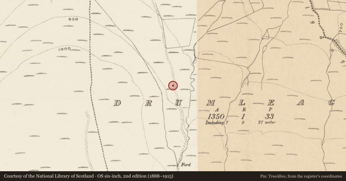 Ordnance Survey six-inch map, 2nd edition (1888–1915) covering the location of Enclosure, Drumleagh, County Tipperary South, with a pin at the register's coordinates