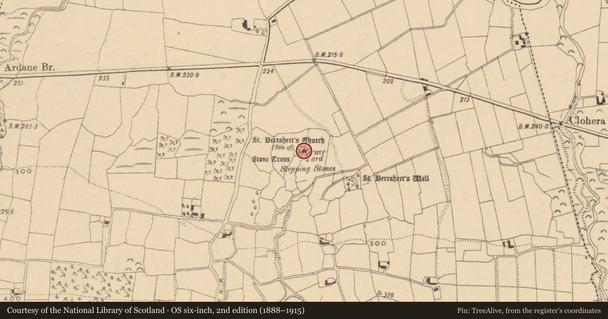 Ordnance Survey six-inch map, 2nd edition (1888–1915) covering the location of Cross-slab, Ardane, County Tipperary South, with a pin at the register's coordinates