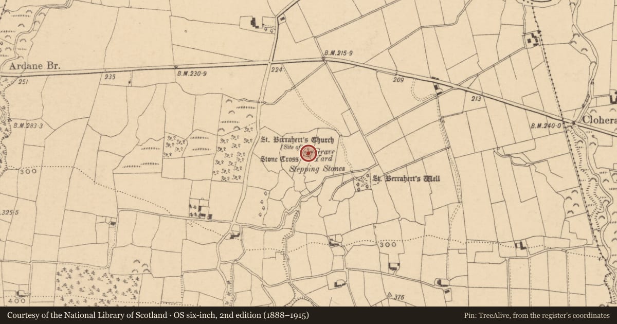 Ordnance Survey six-inch map, 2nd edition (1888–1915) covering the location of Cross-slab, Ardane, County Tipperary South, with a pin at the register's coordinates