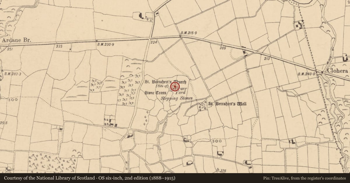 Ordnance Survey six-inch map, 2nd edition (1888–1915) covering the location of Cross-slab, Ardane, County Tipperary South, with a pin at the register's coordinates