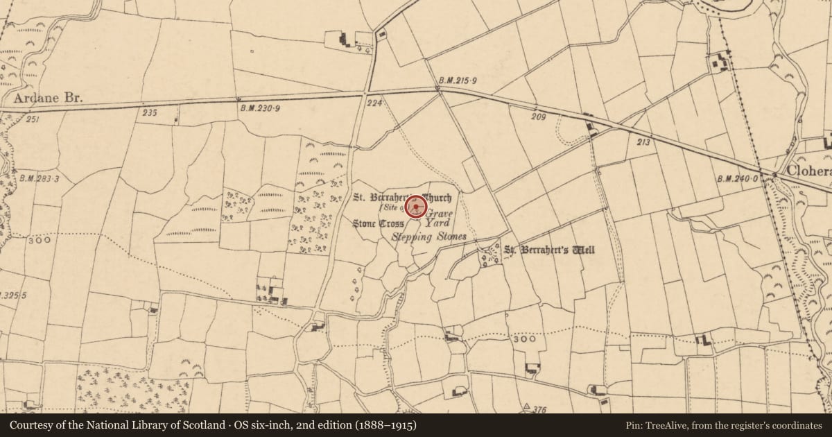 Ordnance Survey six-inch map, 2nd edition (1888–1915) covering the location of Cross-slab, Ardane, County Tipperary South, with a pin at the register's coordinates