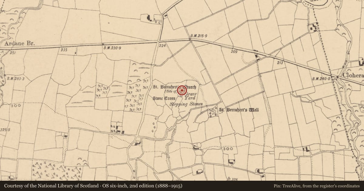Ordnance Survey six-inch map, 2nd edition (1888–1915) covering the location of Cross-slab, Ardane, County Tipperary South, with a pin at the register's coordinates