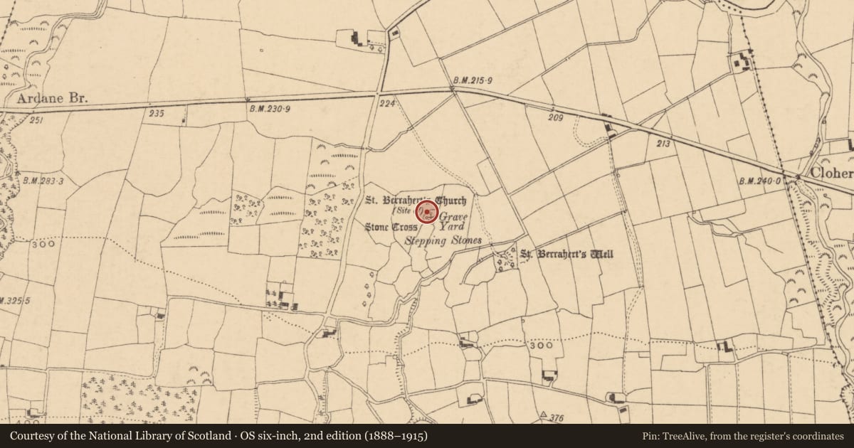 Ordnance Survey six-inch map, 2nd edition (1888–1915) covering the location of Cross-slab, Ardane, County Tipperary South, with a pin at the register's coordinates