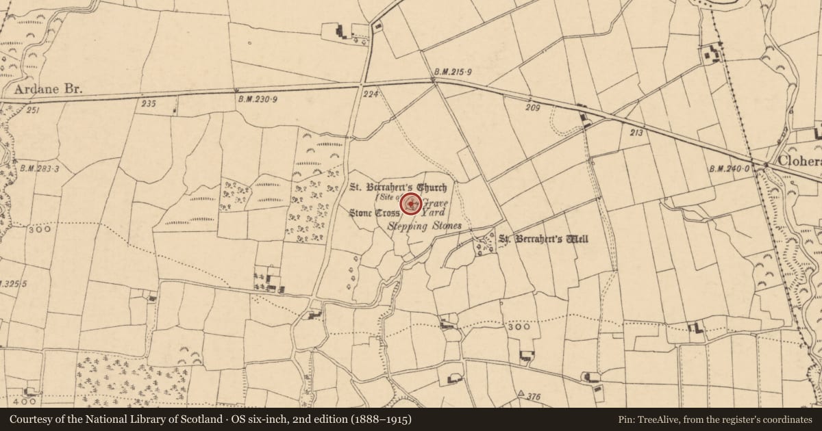 Ordnance Survey six-inch map, 2nd edition (1888–1915) covering the location of Cross, Ardane, County Tipperary South, with a pin at the register's coordinates
