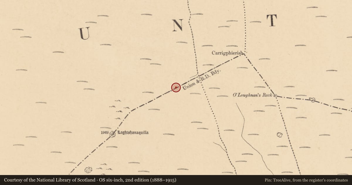 Ordnance Survey six-inch map, 2nd edition (1888–1915) covering the location of Structure, Bohernarnane, County Tipperary South, with a pin at the register's coordinates