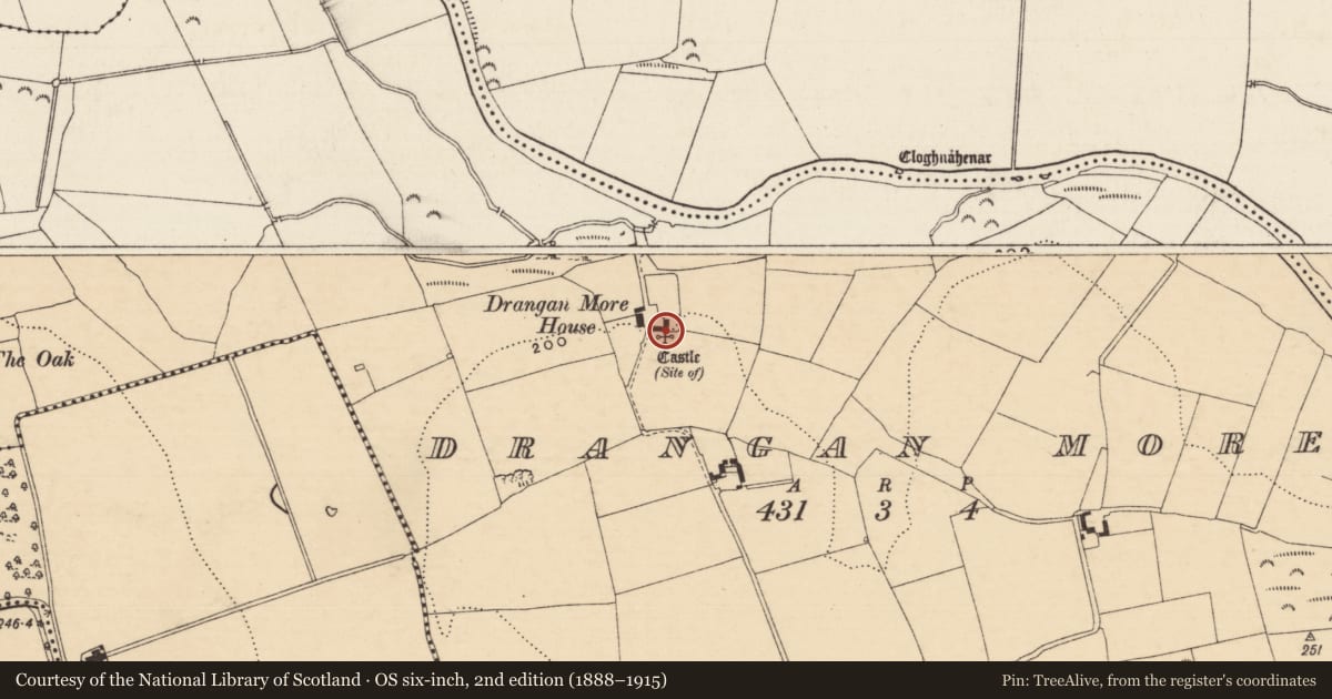 Ordnance Survey six-inch map, 2nd edition (1888–1915) covering the location of Castle - unclassified, Drangan More, County Tipperary South, with a pin at the register's coordinates