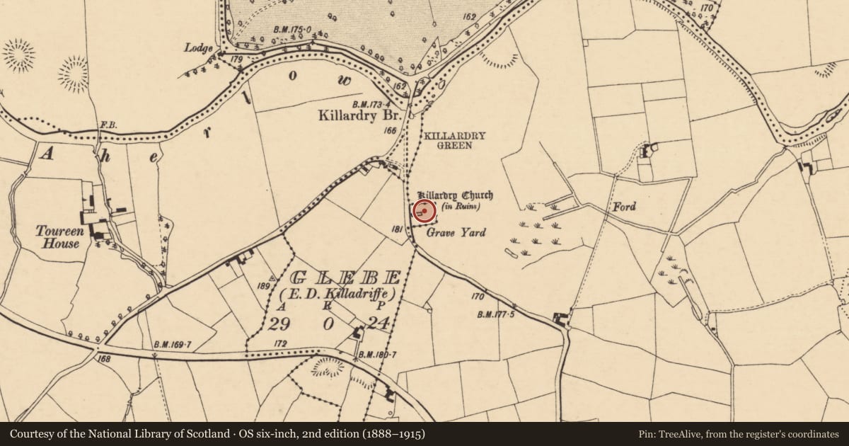 Ordnance Survey six-inch map, 2nd edition (1888–1915) covering the location of Graveyard, Ballydrehid, Glebe (Killarory Par.), County Tipperary South, with a pin at the register's coordinates