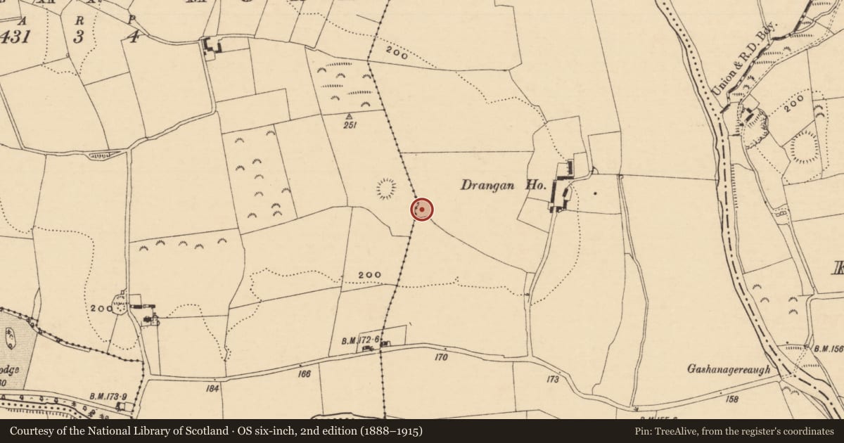 Ordnance Survey six-inch map, 2nd edition (1888–1915) covering the location of Enclosure, Drangan Beg, Drangan More, County Tipperary South, with a pin at the register's coordinates