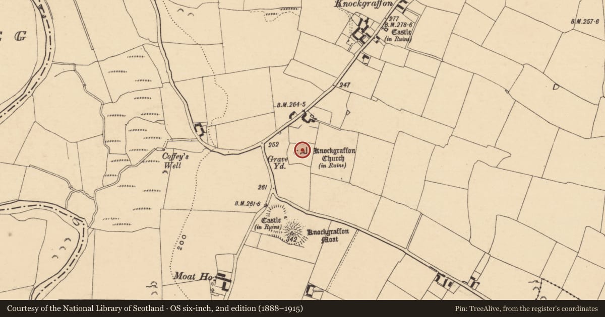 Ordnance Survey six-inch map, 2nd edition (1888–1915) covering the location of Church, Knockgraffon, County Tipperary South, with a pin at the register's coordinates