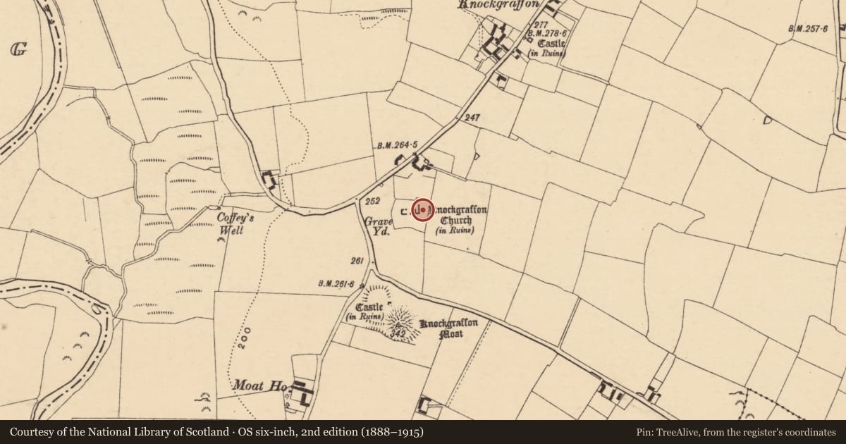 Ordnance Survey six-inch map, 2nd edition (1888–1915) covering the location of Exhibitionist figure, Knockgraffon, County Tipperary South, with a pin at the register's coordinates