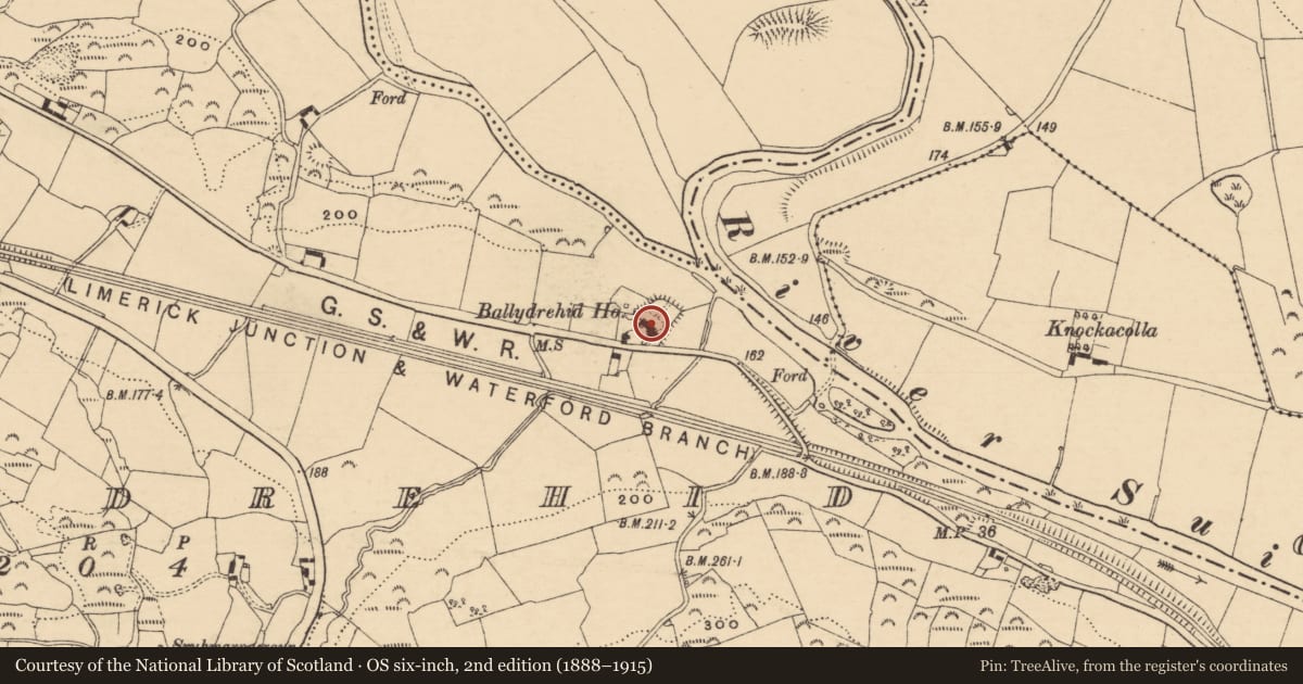 Ordnance Survey six-inch map, 2nd edition (1888–1915) covering the location of House - 18th/19th century, Ballydrehid, County Tipperary South, with a pin at the register's coordinates