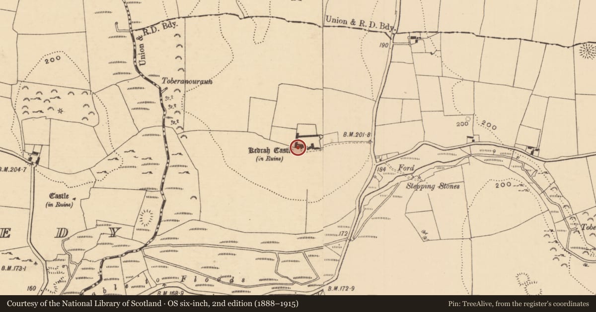 Ordnance Survey six-inch map, 2nd edition (1888–1915) covering the location of Castle - tower house, Kedrah, County Tipperary South, with a pin at the register's coordinates