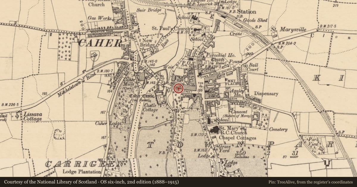 Ordnance Survey six-inch map, 2nd edition (1888–1915) covering the location of Historic town, County Tipperary South, with a pin at the register's coordinates