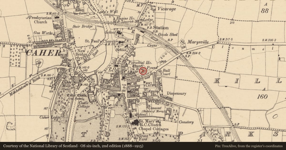Ordnance Survey six-inch map, 2nd edition (1888–1915) covering the location of Church, Townparks (Caher Par.), County Tipperary South, with a pin at the register's coordinates