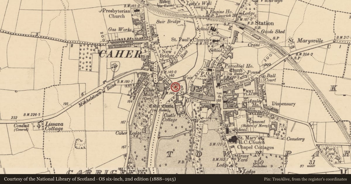 Ordnance Survey six-inch map, 2nd edition (1888–1915) covering the location of Bridge, Townparks (Caher Par.), County Tipperary South, with a pin at the register's coordinates