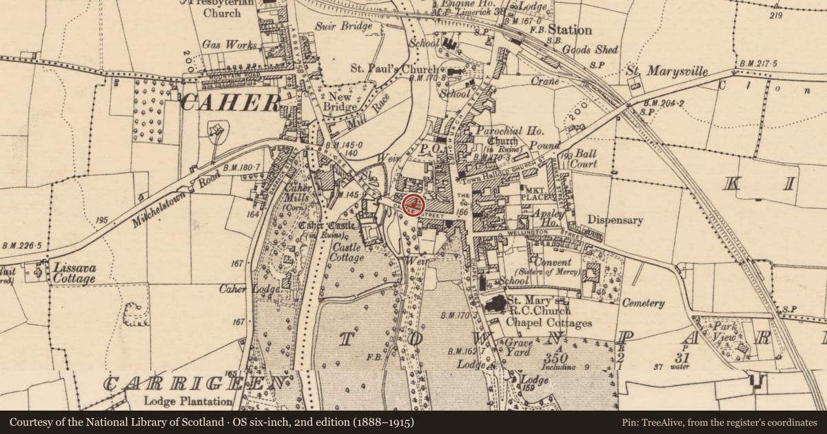 Ordnance Survey six-inch map, 2nd edition (1888–1915) covering the location of Architectural fragment, Townparks (Caher Par.), County Tipperary South, with a pin at the register's coordinates