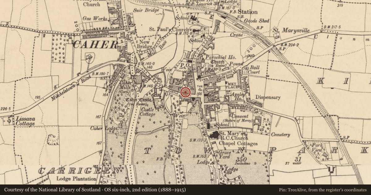 Ordnance Survey six-inch map, 2nd edition (1888–1915) covering the location of Memorial stone, Townparks (Caher Par.), County Tipperary South, with a pin at the register's coordinates
