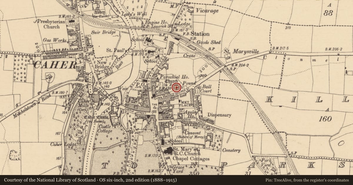 Ordnance Survey six-inch map, 2nd edition (1888–1915) covering the location of Graveyard, Townparks (Caher Par.), County Tipperary South, with a pin at the register's coordinates