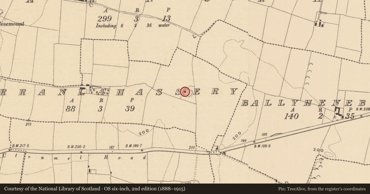 Ordnance Survey six-inch map, 2nd edition (1888–1915) covering the location of Ringfort - rath, Farranlahassery, County Tipperary South, with a pin at the register's coordinates