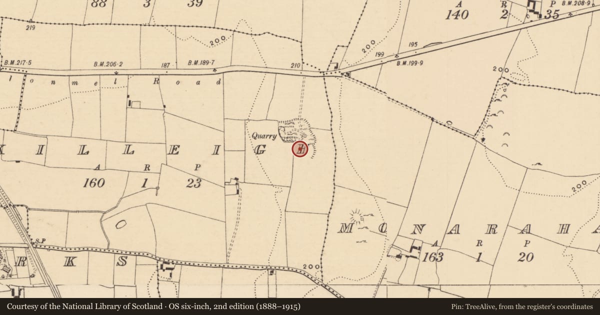 Ordnance Survey six-inch map, 2nd edition (1888–1915) covering the location of Ringfort - rath, Killeigh, County Tipperary South, with a pin at the register's coordinates