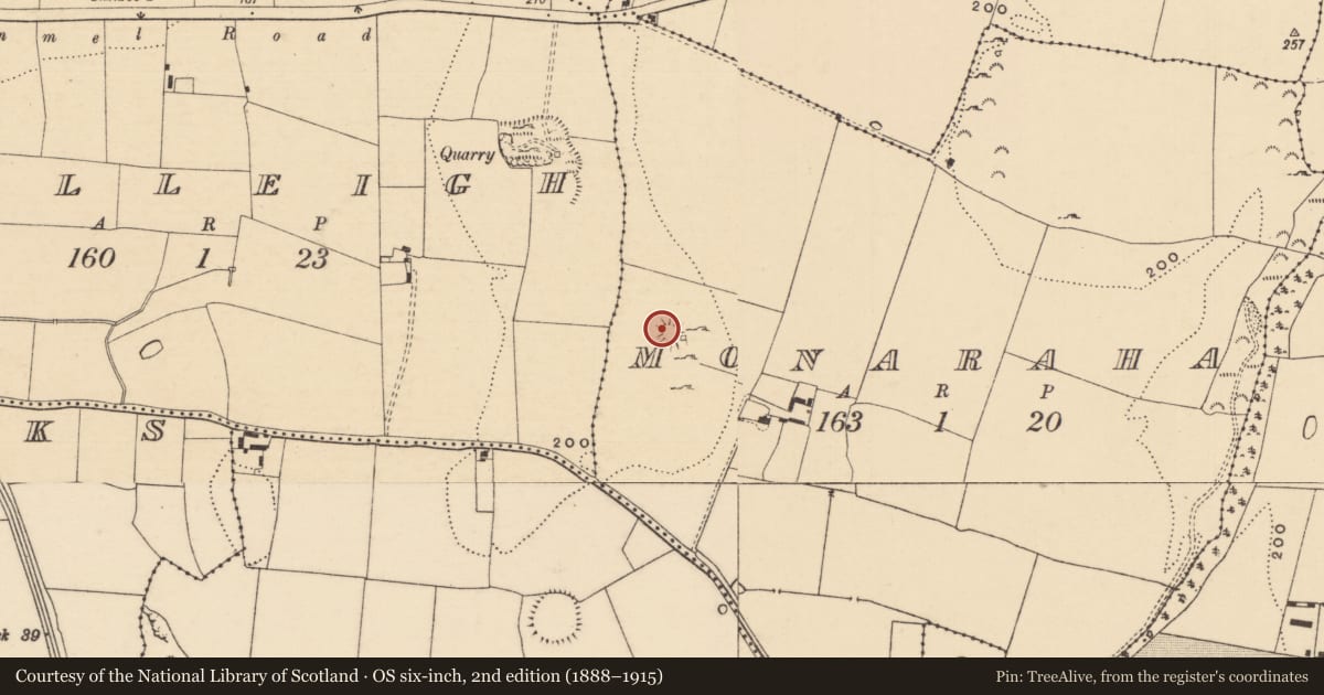 Ordnance Survey six-inch map, 2nd edition (1888–1915) covering the location of Ringfort - rath, Monaraha, County Tipperary South, with a pin at the register's coordinates