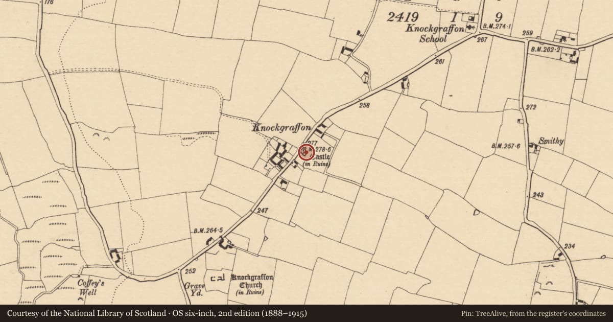 Ordnance Survey six-inch map, 2nd edition (1888–1915) covering the location of Castle - tower house, Knockgraffon, County Tipperary South, with a pin at the register's coordinates
