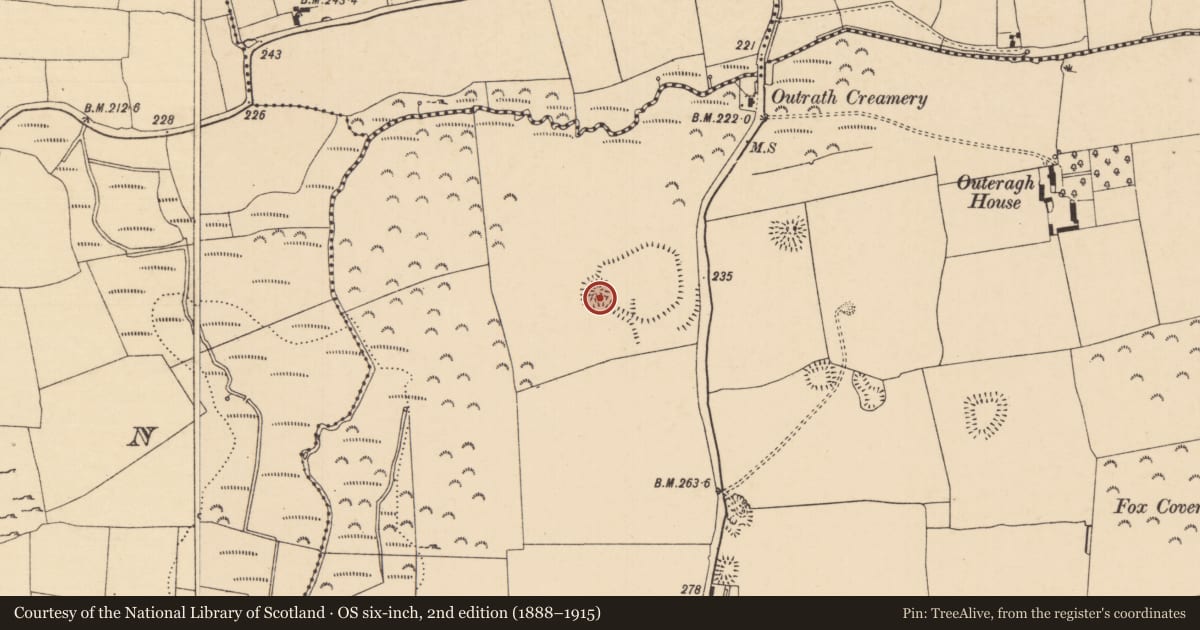 Ordnance Survey six-inch map, 2nd edition (1888–1915) covering the location of Enclosure, Outeragh, County Tipperary South, with a pin at the register's coordinates