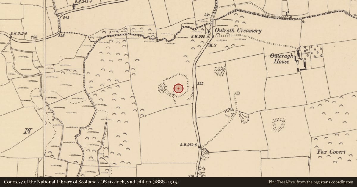 Ordnance Survey six-inch map, 2nd edition (1888–1915) covering the location of Enclosure, Outeragh, County Tipperary South, with a pin at the register's coordinates