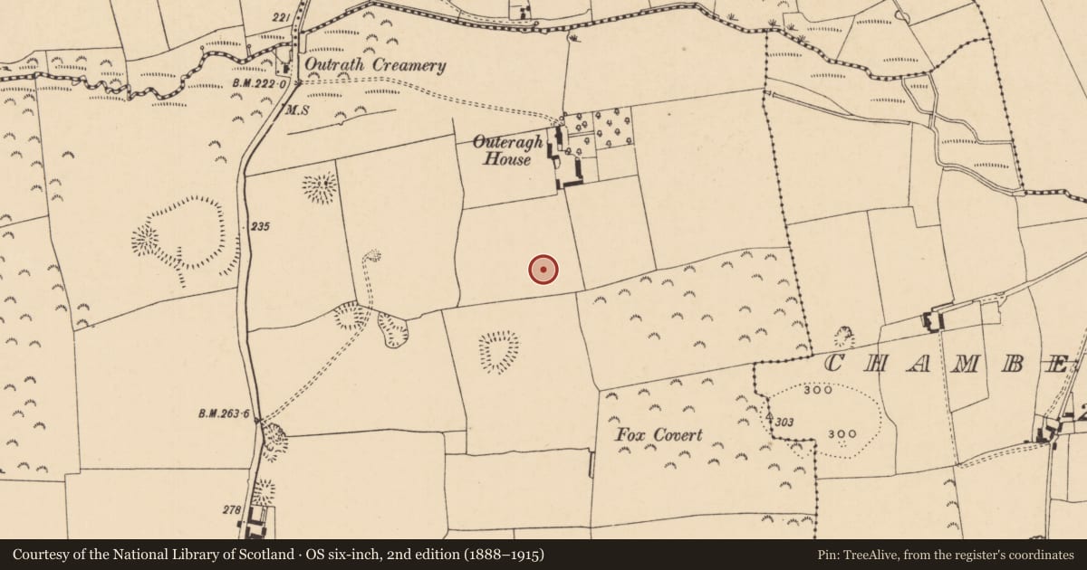 Ordnance Survey six-inch map, 2nd edition (1888–1915) covering the location of Enclosure, Outeragh, County Tipperary South, with a pin at the register's coordinates