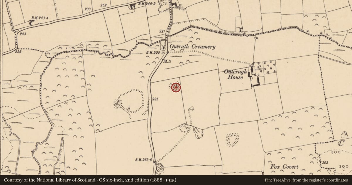 Ordnance Survey six-inch map, 2nd edition (1888–1915) covering the location of Ringfort - rath, Outeragh, County Tipperary South, with a pin at the register's coordinates