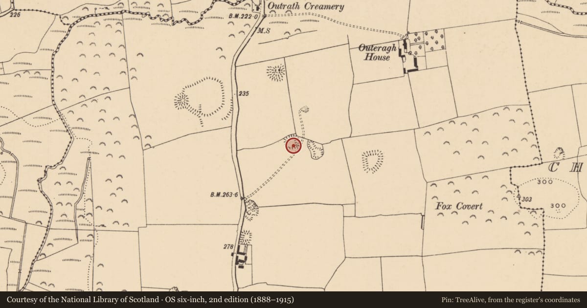 Ordnance Survey six-inch map, 2nd edition (1888–1915) covering the location of Enclosure, Outeragh, County Tipperary South, with a pin at the register's coordinates