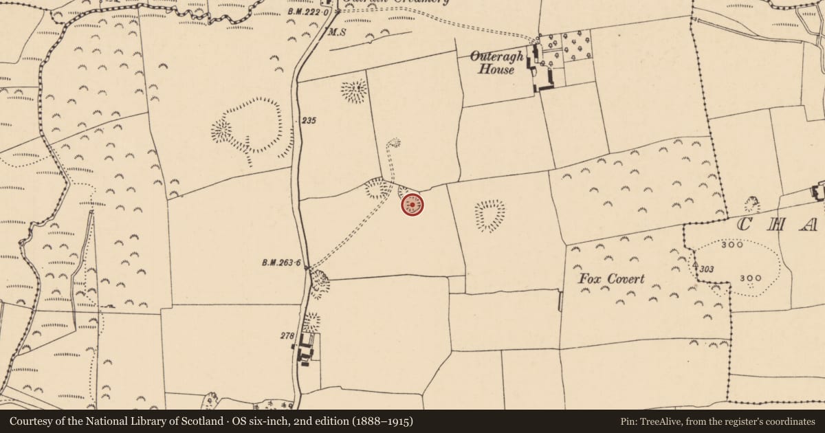 Ordnance Survey six-inch map, 2nd edition (1888–1915) covering the location of Quarry, Outeragh, County Tipperary South, with a pin at the register's coordinates