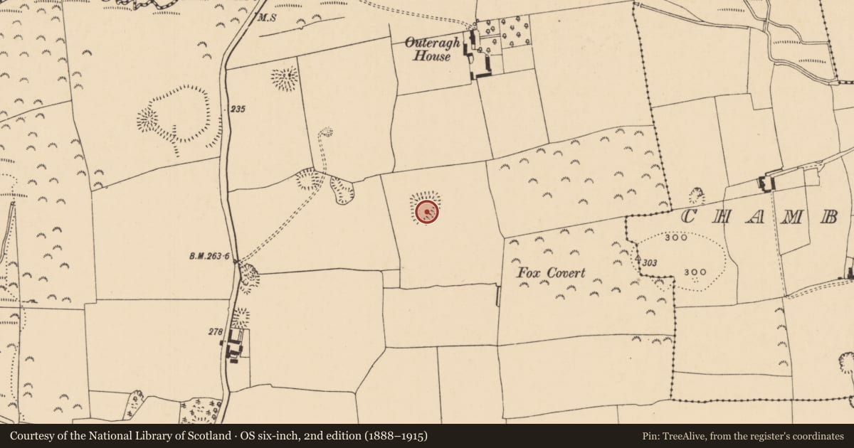 Ordnance Survey six-inch map, 2nd edition (1888–1915) covering the location of Enclosure, Outeragh, County Tipperary South, with a pin at the register's coordinates