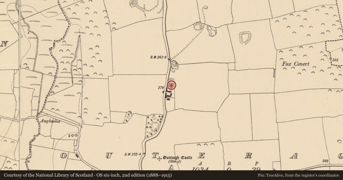 Ordnance Survey six-inch map, 2nd edition (1888–1915) covering the location of Ringfort - rath, Outeragh, County Tipperary South, with a pin at the register's coordinates
