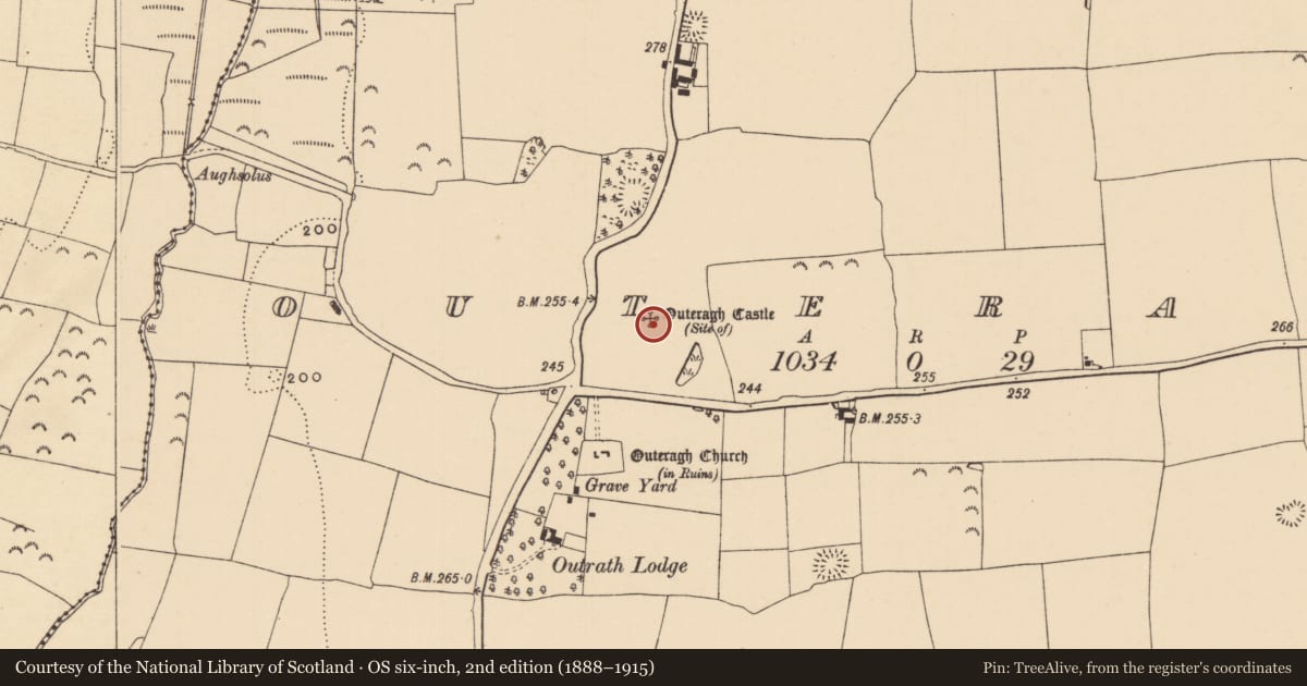 Ordnance Survey six-inch map, 2nd edition (1888–1915) covering the location of Castle - unclassified, Outeragh, County Tipperary South, with a pin at the register's coordinates