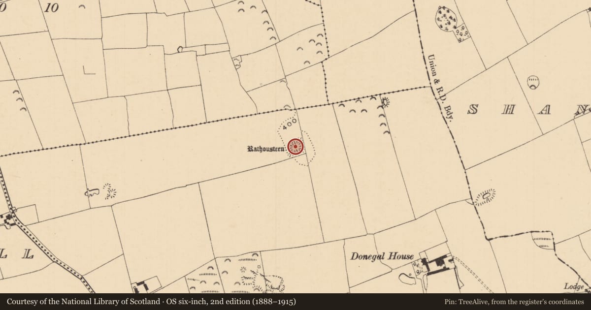Ordnance Survey six-inch map, 2nd edition (1888–1915) covering the location of Moated site, Donegal, County Tipperary South, with a pin at the register's coordinates