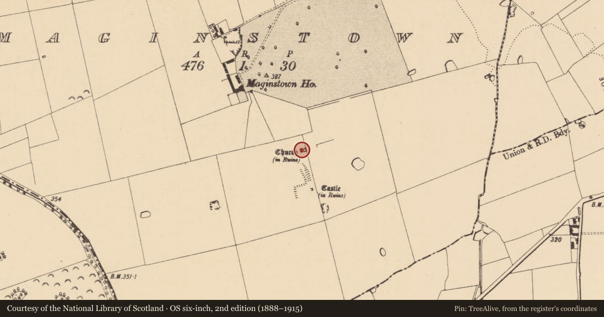 Ordnance Survey six-inch map, 2nd edition (1888–1915) covering the location of Church, Maginstown, County Tipperary South, with a pin at the register's coordinates