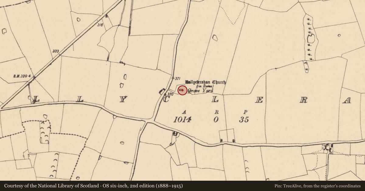 Ordnance Survey six-inch map, 2nd edition (1888–1915) covering the location of Church, Ballyclerahan, County Tipperary South, with a pin at the register's coordinates