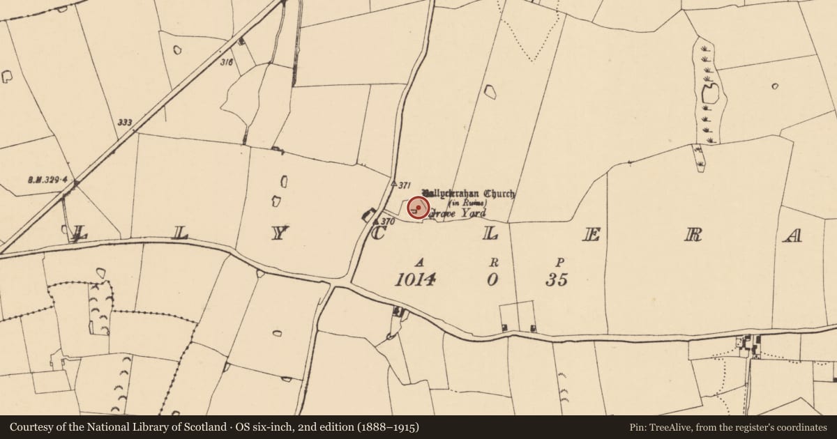 Ordnance Survey six-inch map, 2nd edition (1888–1915) covering the location of Graveyard, Ballyclerahan, County Tipperary South, with a pin at the register's coordinates