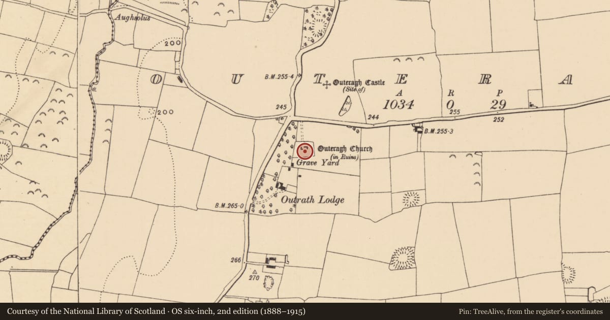 Ordnance Survey six-inch map, 2nd edition (1888–1915) covering the location of Church, Outeragh, County Tipperary South, with a pin at the register's coordinates