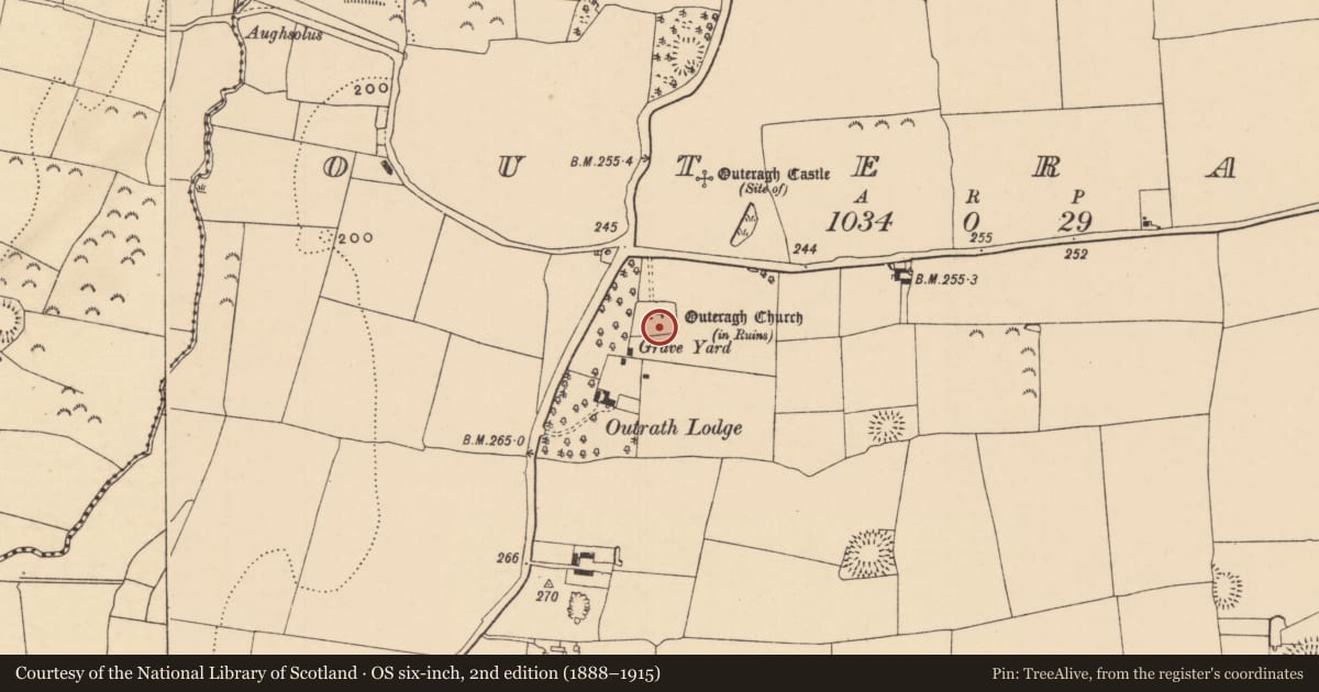 Ordnance Survey six-inch map, 2nd edition (1888–1915) covering the location of Graveyard, Outeragh, County Tipperary South, with a pin at the register's coordinates