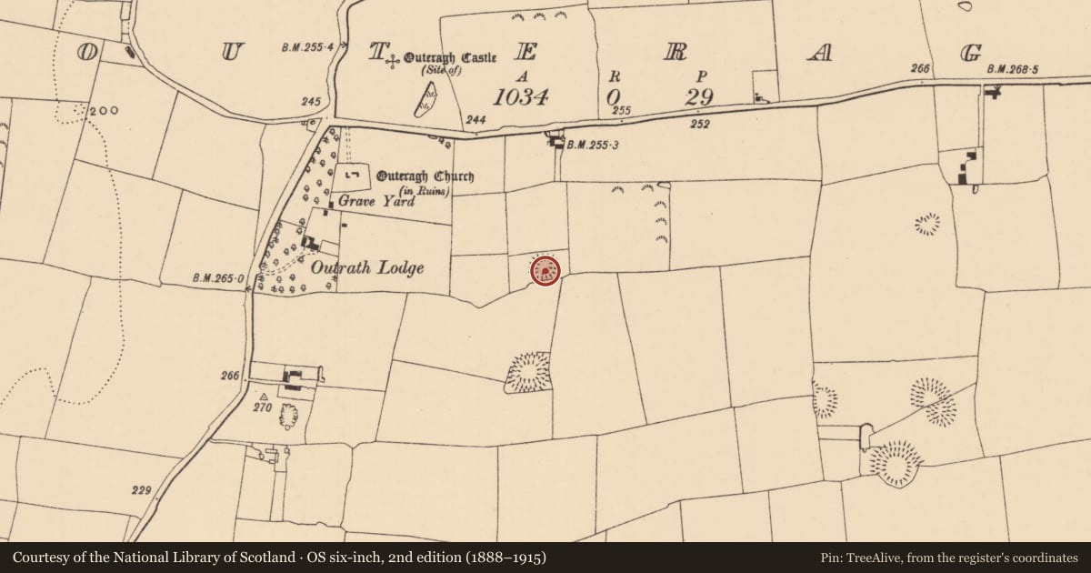 Ordnance Survey six-inch map, 2nd edition (1888–1915) covering the location of Ringfort - rath, Outeragh, County Tipperary South, with a pin at the register's coordinates