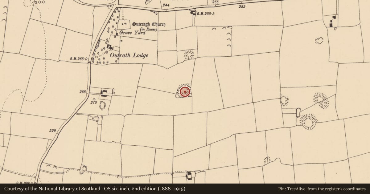 Ordnance Survey six-inch map, 2nd edition (1888–1915) covering the location of Ringfort - rath, Outeragh, County Tipperary South, with a pin at the register's coordinates
