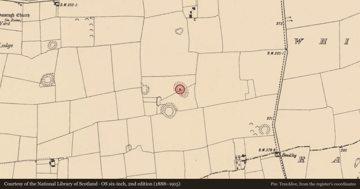 Ordnance Survey six-inch map, 2nd edition (1888–1915) covering the location of Enclosure, Outeragh, County Tipperary South, with a pin at the register's coordinates