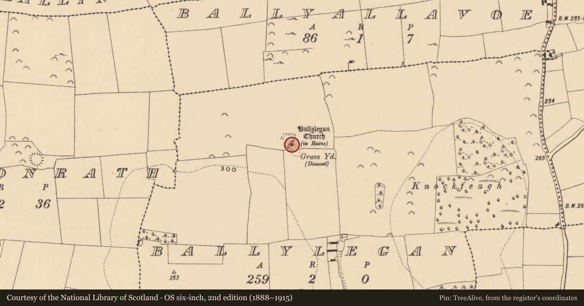 Ordnance Survey six-inch map, 2nd edition (1888–1915) covering the location of Church, Ballylegan, County Tipperary South, with a pin at the register's coordinates