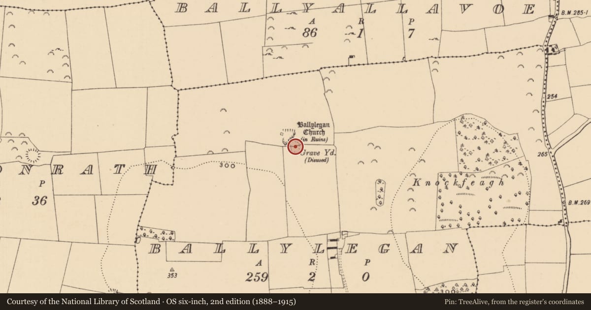 Ordnance Survey six-inch map, 2nd edition (1888–1915) covering the location of Graveyard, Ballylegan, County Tipperary South, with a pin at the register's coordinates