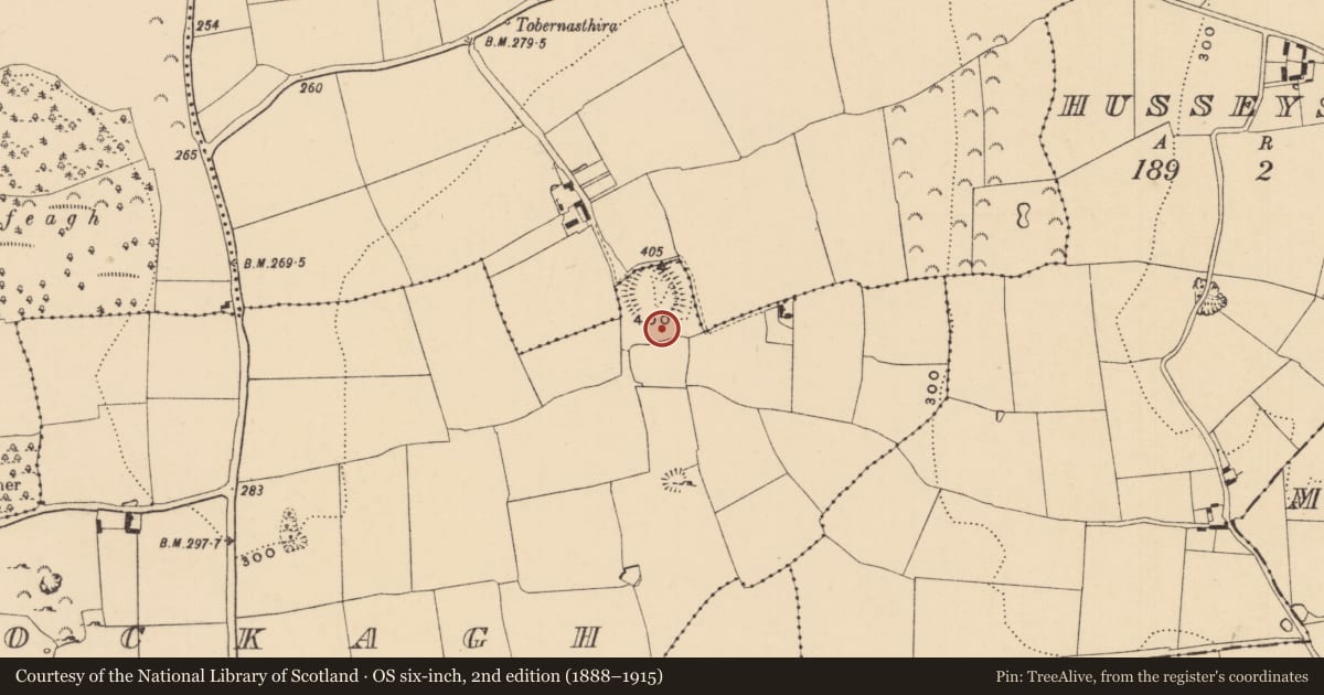 Ordnance Survey six-inch map, 2nd edition (1888–1915) covering the location of Enclosure, Knockagh (Caher Par.), County Tipperary South, with a pin at the register's coordinates
